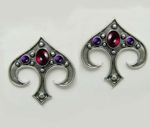 Sterling Silver Gothic Inspired Drop Dangle Earrings With Garnet And Amethyst